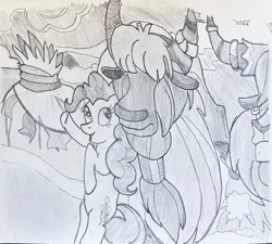 Size: 2836x2558 | Tagged: safe, artist:mlpfantealmintmoonrise, imported from derpibooru, pinkie pie, prince rutherford, earth pony, yak, atg 2024, hut, irl, monochrome, newbie artist training grounds, pencil drawing, photo, picture, snow, traditional art, unnamed character, unnamed yak
