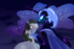 Size: 4380x2920 | Tagged: safe, artist:itsvoids, imported from derpibooru, nightmare moon, oc, oc:quote quill, alicorn, pony, unicorn, alternate universe, bat wings, blue background, blue eyes, blurry, colored pupils, concave belly, crying, digital art, duo, duo female, ethereal mane, fanfic art, female, flowing mane, glowing, glowing eyes, helmet, hoof shoes, horn, lesbian, looking at each other, looking at someone, looking down, looking up, mare, night, princess shoes, raised hoof, red eyes, sad, shipping, simple background, sparkles, spread wings, starry mane, stars, teary eyes, unicorn oc, wings