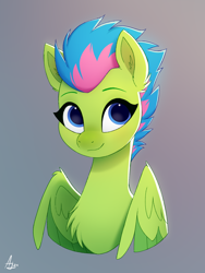 Size: 1500x2000 | Tagged: safe, artist:luminousdazzle, imported from derpibooru, pegasus, pony, background pony, blue eyes, bust, chest fluff, colored wings, eyebrows, female, g5, gradient background, luminous dazzle, mare, multicolored mane, multicolored wings, smiling, solo, wings