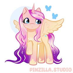 Size: 640x640 | Tagged: safe, artist:pinzillastudio, imported from derpibooru, oc, oc only, alicorn, butterfly, pony, alicorn oc, female, fusion, fusion:flutterdance, fusion:fluttershy, fusion:princess cadance, gauntlet, horn, jewelry, long mane, raised hoof, regalia, simple background, smiling, solo, spread wings, white background, wings