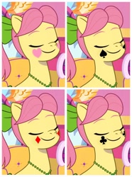 Size: 2460x3300 | Tagged: safe, edit, edited screencap, imported from derpibooru, screencap, earth pony, pony, spoiler:g5, spoiler:my little pony: tell your tale, spoiler:tyts02e04, armchair, card game, chair, closed mouth, clubs, collage, diamonds, ears up, eyes closed, g5, green bow, heart, jazz hearts rocky, jewelry, makeup, my little pony: tell your tale, necklace, pink hair, pink mane, posey bloom, smiling, solo, spades, symbols, yellow body