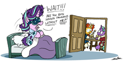 Size: 2700x1348 | Tagged: safe, artist:bobthedalek, imported from derpibooru, firelight, starlight glimmer, sunburst, pony, unicorn, atg 2024, bathrobe, bed, breakfast, caught, clothes, female, food, glim glam's jim jams, horn, male, mare, newbie artist training grounds, pajamas, pancakes, robe, simple background, sleep mask, stallion, that pony sure does love pancakes, trio, white background