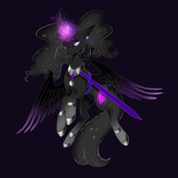 Size: 3600x3600 | Tagged: safe, artist:h204rt, imported from derpibooru, oc, oc only, alicorn, pony, black mane, black tail, colored pupils, digital art, ear piercing, earring, ethereal mane, ethereal tail, eyelashes, eyeshadow, fangs, feather, female, flowing mane, flowing tail, flying, glowing, glowing horn, high res, hoof shoes, horn, jewelry, lidded eyes, long horn, looking at you, magic, makeup, mare, peytral, piercing, purple background, regalia, simple background, solo, spread wings, starry mane, starry tail, sword, tail, weapon, white eyes, wings
