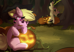 Size: 2181x1521 | Tagged: safe, artist:beardie, imported from derpibooru, oc, oc only, earth pony, pegasus, pony, bow, duo, ear fluff, eye clipping through hair, hair bow, halloween, hat, holiday, jack-o-lantern, mouth hold, pumpkin, scene hair, sitting, suspended, tentacles, upside down, wide eyes, witch hat