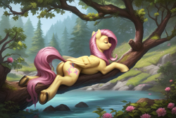 Size: 1152x768 | Tagged: safe, imported from derpibooru, fluttershy, pegasus, pony, ai content, ai generated, butt, eyes closed, female, flower, flutterbutt, forest, frog (hoof), generator:pony diffusion v6 xl, generator:stable diffusion, hooves, lying down, mare, nature, plot, prompter:foxpony, prone, scenery, smiling, solo, sploot, tree, tree branch, underhoof, water