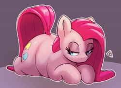 Size: 3476x2523 | Tagged: safe, artist:pabbley, imported from derpibooru, pinkie pie, earth pony, pony, chubby, fat, female, lidded eyes, lying down, mare, outline, pinkamena diane pie, ponyloaf, prone, pudgy pie, solo, white outline