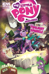 Size: 2063x3131 | Tagged: safe, artist:amymebberson, idw, imported from derpibooru, spike, twilight sparkle, dragon, pony, unicorn, my little pony micro-series, bipedal, book, comic cover, cover, cover art, duo, duo male and female, fanfic, female, horn, male, mare, micro-series #1, my little pony logo, official comic, open mouth, open smile, scroll, smiling, stifling laughter, tail, unicorn twilight