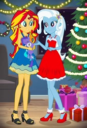 Size: 832x1216 | Tagged: safe, imported from twibooru, sunset shimmer, trixie, human, equestria girls, ai content, ai generated, christmas, christmas lights, christmas presents, christmas tree, female, holiday, humanized, image, lesbian, needs more jpeg, present, prompter:tiamatnightmare, shipping, suntrix, tree