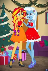 Size: 832x1216 | Tagged: safe, imported from twibooru, sunset shimmer, trixie, human, equestria girls, ai content, ai generated, christmas, christmas lights, christmas presents, christmas tree, female, holiday, humanized, image, lesbian, needs more jpeg, present, prompter:tiamatnightmare, shipping, suntrix, tree