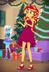 Size: 832x1216 | Tagged: safe, imported from twibooru, sunset shimmer, trixie, human, equestria girls, ai content, ai generated, christmas, christmas lights, christmas presents, christmas tree, female, holiday, humanized, image, lesbian, needs more jpeg, present, prompter:tiamatnightmare, shipping, suntrix, tree