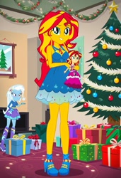 Size: 832x1216 | Tagged: safe, imported from twibooru, sunset shimmer, trixie, human, equestria girls, ai content, ai generated, christmas, christmas lights, christmas presents, christmas tree, female, holiday, humanized, image, lesbian, needs more jpeg, present, prompter:tiamatnightmare, shipping, suntrix, tree