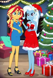 Size: 832x1216 | Tagged: safe, imported from twibooru, sunset shimmer, trixie, human, equestria girls, ai content, ai generated, christmas, christmas lights, christmas presents, christmas tree, female, holiday, humanized, image, lesbian, needs more jpeg, pregnant, present, prompter:tiamatnightmare, shipping, suntrix, tree