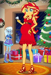 Size: 832x1216 | Tagged: safe, imported from twibooru, sunset shimmer, trixie, human, equestria girls, ai content, ai generated, christmas, christmas lights, christmas presents, christmas tree, female, holiday, humanized, image, lesbian, needs more jpeg, pregnant, present, prompter:tiamatnightmare, shipping, suntrix, tree
