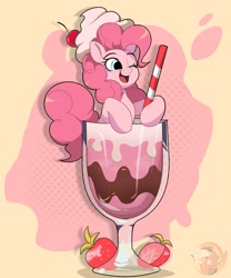 Size: 1741x2090 | Tagged: safe, artist:joaothejohn, imported from derpibooru, pinkie pie, earth pony, pony, blushing, chantilly, cherry, chocolate, cup, cup of pony, cute, diapinkes, drink, female, food, happy, mare, micro, milkshake, one eye closed, open mouth, open smile, simple background, smiling, straw, strawberry