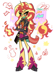Size: 1691x2212 | Tagged: safe, artist:budweiset, imported from derpibooru, part of a set, sunset shimmer, anthro, demon, unguligrade anthro, equestria girls, clothes, colored sclera, colored teeth, crossed arms, cutie mark, cutie mark background, cyan teeth, demonized, emanata, fangs, female, fire, grin, hellaverse, horn, jacket, leg markings, looking at you, orange sclera, passepartout, sharp teeth, shorts, simple background, smiling, solo, sparkles, species swap, standing, teeth, thick eyelashes, unshorn fetlocks, white background
