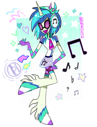 Size: 1691x2212 | Tagged: safe, artist:budweiset, imported from derpibooru, part of a set, dj pon-3, vinyl scratch, anthro, demon, unguligrade anthro, equestria girls, clothes, colored teeth, cutie mark, cutie mark background, cutie mark on clothes, demonized, emanata, female, gloves, grin, hand on hip, headphones, heart, hellaverse, horn, music notes, passepartout, purple teeth, raised hoof, sharp teeth, shorts, simple background, smiling, solo, sparkles, species swap, stars, stylized, teeth, thin, unshorn fetlocks, vinyl's glasses, white background