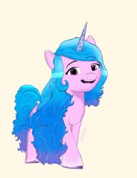 Size: 2000x2600 | Tagged: safe, artist:porcellus, artist:porcellusketch, imported from derpibooru, izzy moonbow, pony, unicorn, full body, g5, horn, looking at you, simple background, smiling, solo, yellow background