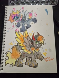 Size: 3000x4000 | Tagged: safe, artist:crazysketch101, imported from derpibooru, oc, oc only, oc:ashton burnside, oc:crazy looncrest, pegasus, pony, burncrest, duo, horns, traditional art, unshorn fetlocks, watercolor painting