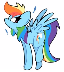 Size: 2182x2475 | Tagged: safe, artist:kindakismet, imported from derpibooru, rainbow dash, pony, exclamation point, female, looking back, mare, simple background, solo, spread wings, tallerdash, white background, wings
