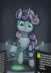 Size: 592x850 | Tagged: safe, artist:zeepheru_pone, imported from derpibooru, sweetie belle, pony, robot, robot pony, unicorn, atg 2024, code, computer, female, green eyes, horn, light, newbie artist training grounds, raised hoof, solo, sweetie bot, tail, two toned mane, two toned tail