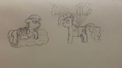 Size: 3019x1696 | Tagged: safe, artist:supersonicrainboom, imported from derpibooru, pinkie pie, rainbow dash, earth pony, pegasus, balloon, cloud, duo, duo female, female, floating, newbie artist training grounds, on a cloud, pencil drawing, sketch, then watch her balloons lift her up to the sky, traditional art