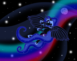 Size: 5071x4000 | Tagged: safe, artist:mafon, imported from derpibooru, nightmare moon, alicorn, pony, absurd resolution, female, helmet, hoof shoes, mare, moon, peytral, solo, space, spread wings, watch, wings, wristwatch