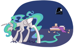 Size: 2540x1660 | Tagged: safe, artist:mafon, imported from derpibooru, princess celestia, alicorn, pony, alarm clock, atg 2024, bed, clock, eyes closed, female, full moon, impossibly long tail, long legs, long tail, mare, moon, newbie artist training grounds, simple background, sleepy, solo, tail, transparent background, yawn