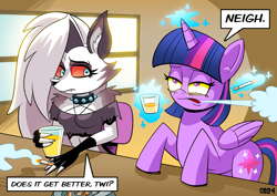 Size: 1600x1131 | Tagged: safe, artist:curtsibling, imported from derpibooru, twilight sparkle, alicorn, anthro, demon, hellhound, pony, alcohol, anthro with ponies, ashtray, bags under eyes, bar, booze, cigarette, clothes, collar, crossover, dialogue, drink, drinking, duo, duo female, female, fingerless gloves, glass, gloves, glowing, glowing horn, hellaverse, hellborn, helluva boss, horn, jaded, levitation, lidded eyes, looking at someone, looking sideways, loona (helluva boss), magic, mare, neigh, smoking, speech bubble, spiked collar, telekinesis, top, twilight sparkle (alicorn)