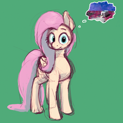 Size: 2048x2048 | Tagged: safe, artist:phutashi, imported from derpibooru, fluttershy, pony, atg 2024, colored sketch, exploitable meme, female, green background, looking at you, mare, meme, newbie artist training grounds, reference, simple background, sketch, solo, spilled milk, spongebob reference, spongebob squarepants, thought bubble