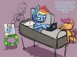 Size: 2732x2048 | Tagged: safe, artist:phutashi, imported from derpibooru, rainbow dash, scootaloo, earth pony, pegasus, pony, atg 2024, coffin, computer, duo focus, female, filly, foal, funeral, high res, laptop computer, lidded eyes, male, mare, newbie artist training grounds, stallion, suddenly hands, thumbs up, trio, typing, wreath