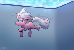 Size: 1500x1000 | Tagged: safe, artist:empyu, imported from derpibooru, clear sky, pony, unicorn, bubble, crepuscular rays, cute, cute sky, female, flowing mane, flowing tail, holding breath, horn, mare, puffy cheeks, solo, sunlight, swimming, swimming pool, tail, underwater, water