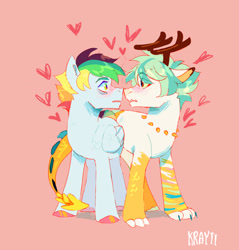 Size: 2328x2436 | Tagged: safe, artist:kraytt-05, imported from derpibooru, oc, oc only, oc:philadelfia, oc:rain coffee, hybrid, pegasus, pony, antlers, blushing, boop, duo, duo male, floating heart, gay, heart, interspecies offspring, looking into each others eyes, male, noseboop, oc x oc, offspring, offspring shipping, parent:discord, parent:princess celestia, parent:rainbow dash, parent:soarin', parents:dislestia, parents:soarindash, pink background, shipping, signature, simple background, stallion