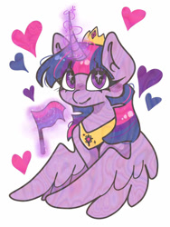 Size: 750x1000 | Tagged: safe, artist:raggdollii, imported from derpibooru, twilight sparkle, alicorn, pony, bilight sparkle, bisexual pride flag, blushing, crown, eye clipping through hair, female, glowing, glowing horn, heart, horn, jewelry, looking at you, magic, magic aura, mare, partially open wings, peytral, pride, pride flag, pride month, regalia, simple background, smiling, smiling at you, solo, sparkly eyes, telekinesis, twilight sparkle (alicorn), white background, wingding eyes, wings