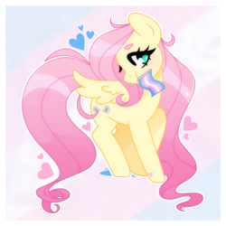 Size: 1400x1400 | Tagged: safe, artist:vivian reed, imported from derpibooru, fluttershy, pegasus, pony, female, floating heart, heart, long mane, long tail, looking at you, mare, mouth hold, pride, pride flag, pride month, smiling, smiling at you, solo, spread wings, tail, trans female, trans fluttershy, transgender, transgender pride flag, wings