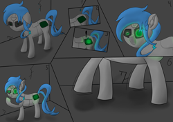 Size: 3508x2480 | Tagged: safe, artist:draconequues, imported from derpibooru, oc, oc only, oc:and, pony, robot, robot pony, atg 2024, confused, female, glowing, glowing eyes, newbie artist training grounds, solo, waking up