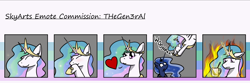 Size: 1500x500 | Tagged: safe, artist:skydreams, imported from derpibooru, princess celestia, princess luna, alicorn, pony, banana, coffee, commission, crown, emotes, female, fire, food, giggling, heart, jewelry, mare, meme, mug, peytral, pounce, regalia, smiling, startled, this is fine