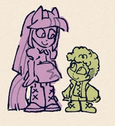 Size: 686x751 | Tagged: safe, artist:disaterror, imported from derpibooru, spike, twilight sparkle, human, equestria girls, alternate design, boots, brother and sister, clothes, curly hair, dress, duo, duo male and female, female, height difference, human spike, humanized, jacket, knee-high boots, limited palette, long mane, long tail, looking at each other, looking at someone, male, oversized clothes, pony ears, shirt, shoes, short hair, siblings, simple background, skirt, smiling, smiling at each other, species swap, standing, straight mane, straight tail, tail, texture, twilight sparkle wearing her boots, yellow background