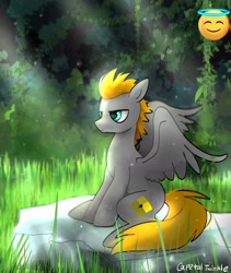 Size: 1726x2048 | Tagged: safe, artist:petaltwinkle, imported from derpibooru, part of a set, oc, oc only, oc:platinumdrop, pegasus, pony, art trade, blue eyes, colored, detailed, detailed background, emoji, frown, grass, gray coat, long tail, male, narrowed eyes, nature, outdoors, pegasus oc, rock, shiny eyes, short mane, signature, sitting, solo, spiky mane, spread wings, stallion, tail, wings, yellow mane, yellow tail