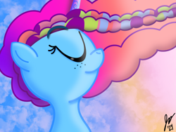 Size: 2160x1620 | Tagged: safe, artist:jesslmc16, imported from derpibooru, pony, unicorn, spoiler:g5, spoiler:my little pony: tell your tale, spoiler:tyts02e00, bust, cloud, dawn, digital art, dreadlocks, female, freckles, g5, gradient background, horn, mare, misty brightdawn, multicolored hair, my little pony: tell your tale, portrait, rebirth misty, signature, solo, the blockywockys