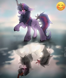 Size: 1726x2048 | Tagged: safe, artist:petaltwinkle, imported from derpibooru, part of a set, twilight sparkle, pony, unicorn, alternate design, alternate hairstyle, art trade, bangs, blurry background, brown hooves, colored, colored hooves, colored horn, day, duality, ear fluff, emoji, evil twilight, eye clipping through hair, eyelashes, fetlock tuft, floppy ears, frown, glowing, glowing eyes, horn, long mane, long tail, looking at you, missing cutie mark, multicolored mane, multicolored tail, outdoors, purple coat, purple eyes, raised hoof, red eyes take warning, reflection, signature, sky, solo, sparkly mane, sparkly tail, standing, staring into your soul, tail, tied tail, unicorn twilight, unique horn, unshorn fetlocks, water, wide eyes, wingding eyes