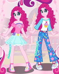 Size: 1080x1350 | Tagged: safe, artist:wavebreeze234, imported from derpibooru, pinkie pie, human, equestria girls, 2d, belt, belt buckle, canterlot high, clothes, curly hair, female, looking at you, shirt, shoes, short sleeves, skirt, smiling, smiling at you, waistband