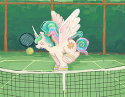 Size: 1657x1287 | Tagged: safe, artist:saskaw, imported from derpibooru, princess celestia, alicorn, pony, alternate hairstyle, ball, chest fluff, eyes closed, female, mare, mouth hold, ponytail, solo, sports, spread wings, tennis, tennis ball, tennis racket, unshorn fetlocks, wings