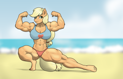 Size: 4059x2590 | Tagged: safe, artist:matchstickman, imported from derpibooru, applejack, anthro, earth pony, plantigrade anthro, applejacked, beach, belly button, bicep flex, bikini, breasts, buff breasts, busty applejack, clothes, feet, female, flexing, muscles, muscular female, ocean, pose, solo, swimsuit, water