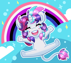 Size: 3914x3459 | Tagged: safe, artist:partypievt, imported from derpibooru, oc, oc:party pie, anthro, classical unicorn, unicorn, chibi, cloven hooves, commission, eyebrows, eyebrows visible through hair, eyes closed, facial markings, freckles, genderfluid, genderfluid pride flag, horn, leonine tail, open mouth, ponytail, pride, pride flag, rainbow, smiling, solo, tail, unshorn fetlocks, ych example, ych result, your character here