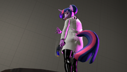 Size: 2560x1440 | Tagged: safe, artist:thatbluebro, imported from derpibooru, twilight sparkle, alicorn, anthro, 3d, clothes, female, gun, handgun, horn, lab coat, looking at you, looking back, looking back at you, low angle, revolver, smoke, solo, stage.bsp, syringe, tongue out, weapon