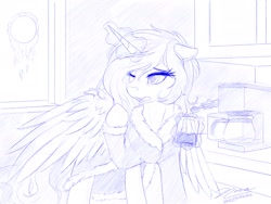 Size: 1920x1440 | Tagged: safe, artist:novaintellus, imported from derpibooru, princess celestia, alicorn, pony, coffee machine, solo, spoon, sun, tired, traditional art, window