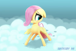 Size: 1800x1200 | Tagged: safe, artist:darksly, imported from derpibooru, fluttershy, pegasus, pony, atg 2024, cloud, cute, female, filly, filly fluttershy, foal, hair over one eye, newbie artist training grounds, on a cloud, shyabetes, solo, standing on a cloud, trembling, younger