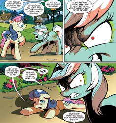 Size: 1015x1074 | Tagged: safe, artist:andypriceart, idw, imported from derpibooru, bon bon, lyra heartstrings, sweetie drops, changeling, earth pony, pony, unicorn, spoiler:guardians of harmony, disguise, disguised, disguised changeling, evil eyes, horn, official comic