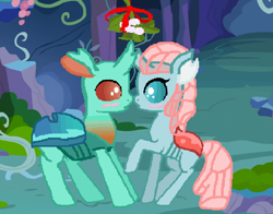 Size: 1018x798 | Tagged: safe, artist:wildrose17, imported from derpibooru, cornicle, ocellus, changedling, changeling, base used, blushing, cornellus, duo, duo male and female, female, male, mistletoe, shipping, straight