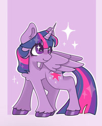 Size: 1161x1434 | Tagged: safe, artist:raggdollii, imported from derpibooru, twilight sparkle, alicorn, pony, chest fluff, colored hooves, eye clipping through hair, female, full body, horn, mare, partially open wings, passepartout, smiling, solo, sparkles, sparkly eyes, twilight sparkle (alicorn), unshorn fetlocks, wingding eyes, wings